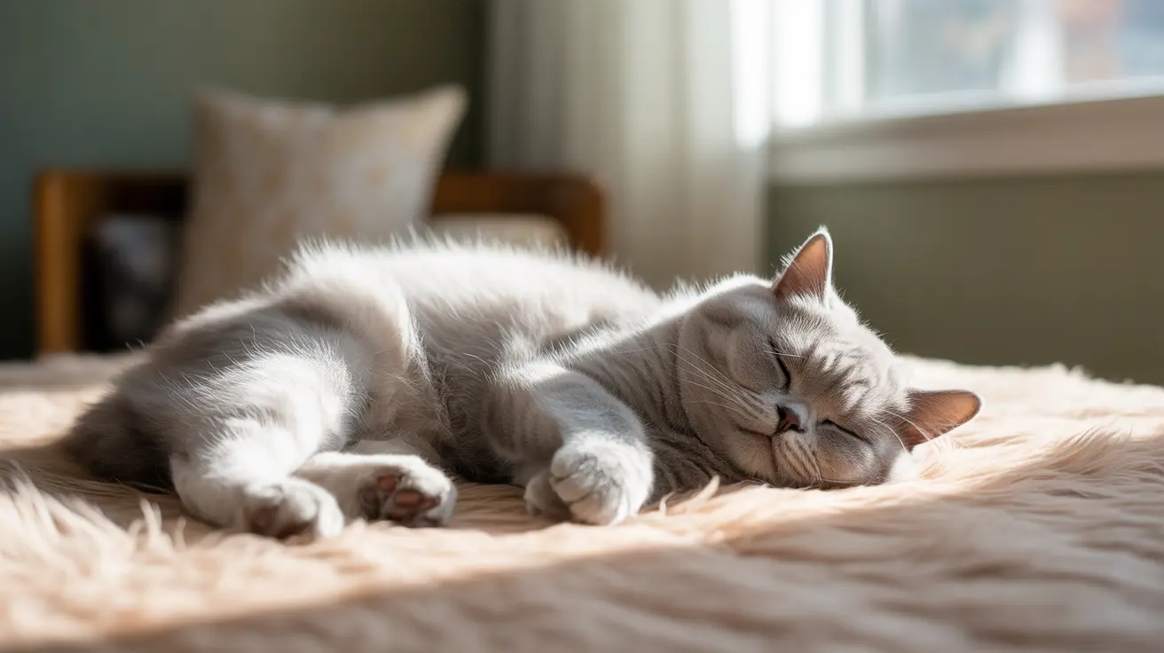 Light gray cat sleeping peacefully on a soft, fuzzy blanket near a window