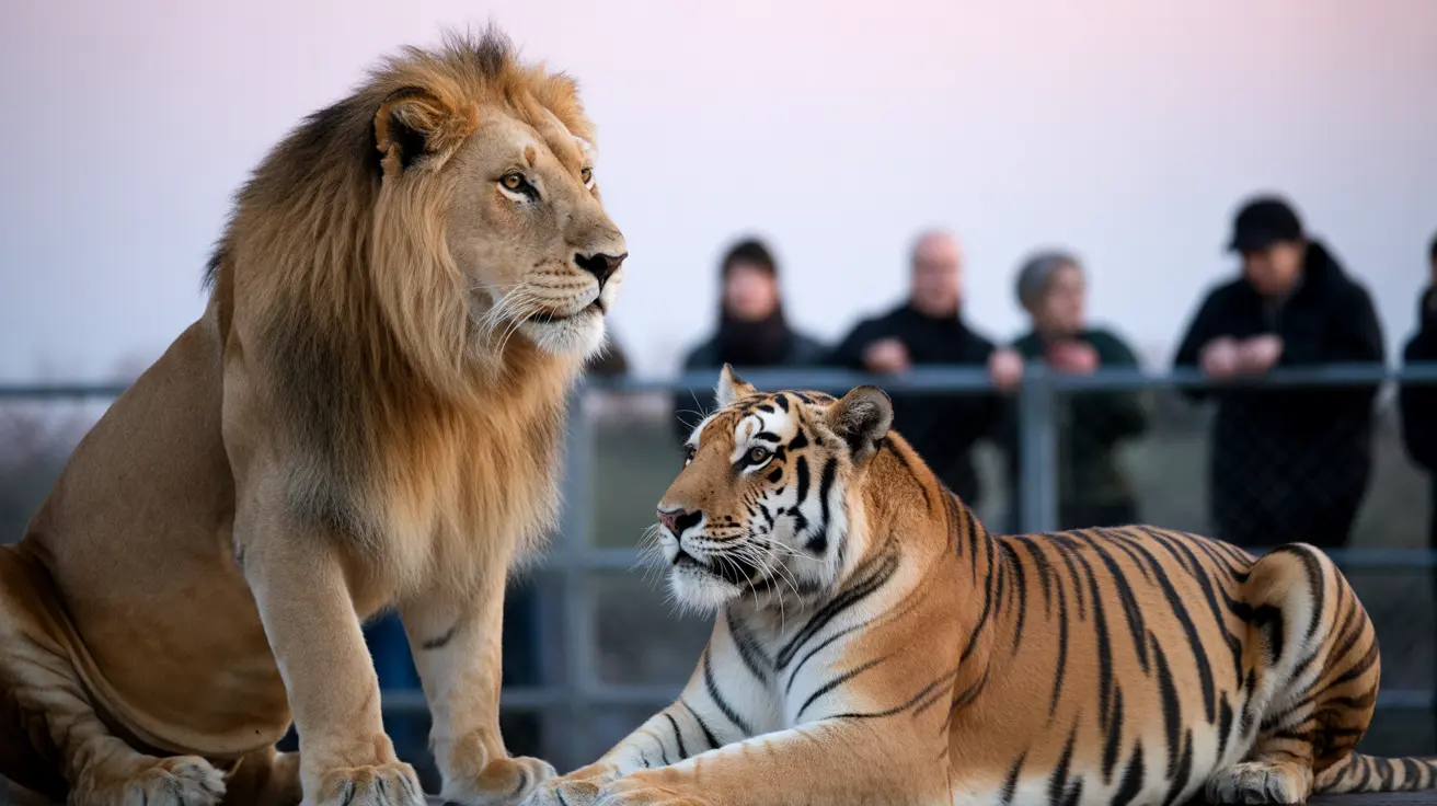 Visitors enjoying the Lions, Tigers, and Beer event at Animal Park with exotic big cats visible behind secure barriers