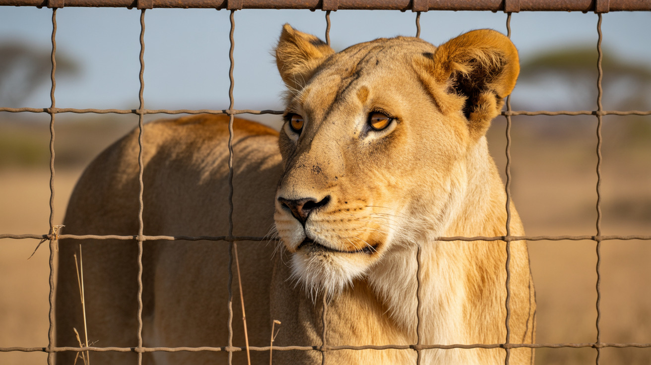 A lion in captivity behind metal bars warning about dangers of keeping wild animals as pets