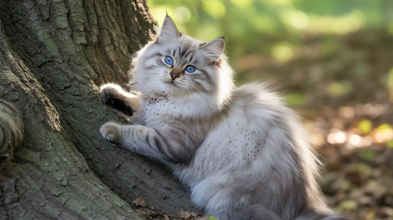 Un gato de pelo largo blanco y gris con ojos azules descansando junto a un tronco en un entorno forestal.