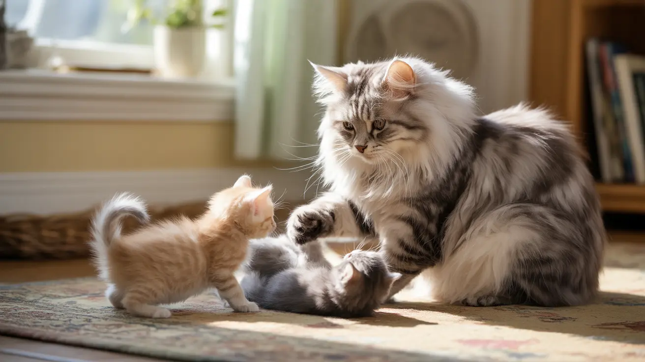 An adult long-haired cat interacting with two smaller kittens on a patterned rug near a sunny window
