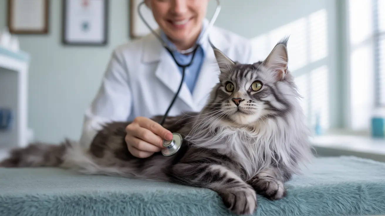 A fluffy, long-haired cat receiving a veterinary examination in a clinic setting