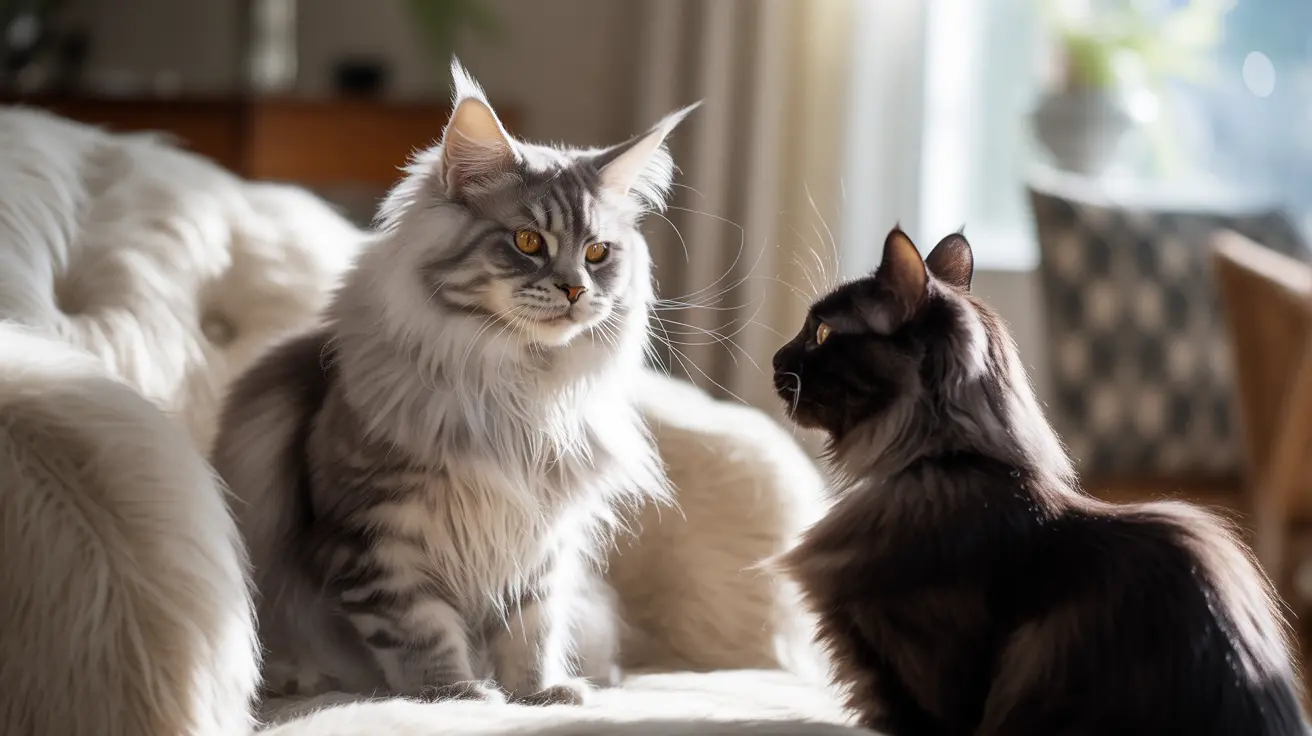 Two long-haired cats sitting together on a soft white surface, facing each other