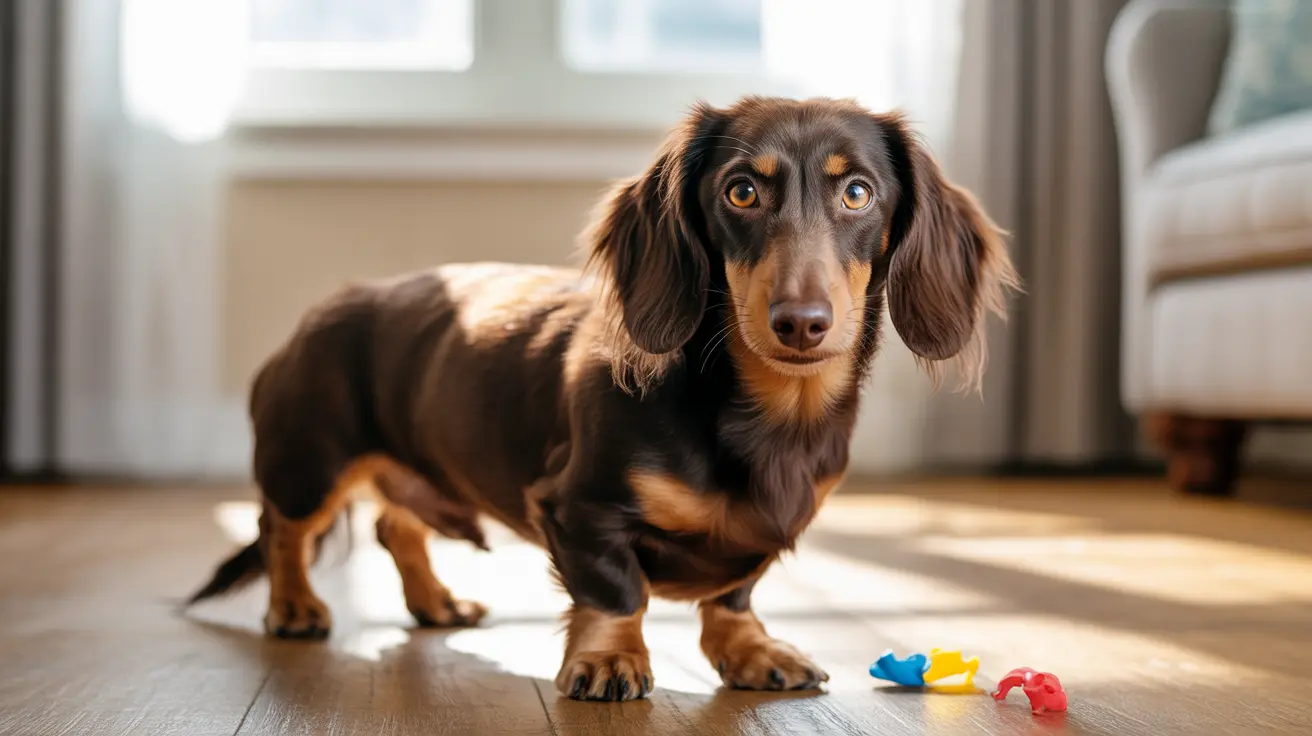 Long-haired black and tan Dachshund standing on hardwood floor near colorful toys in a bright living room