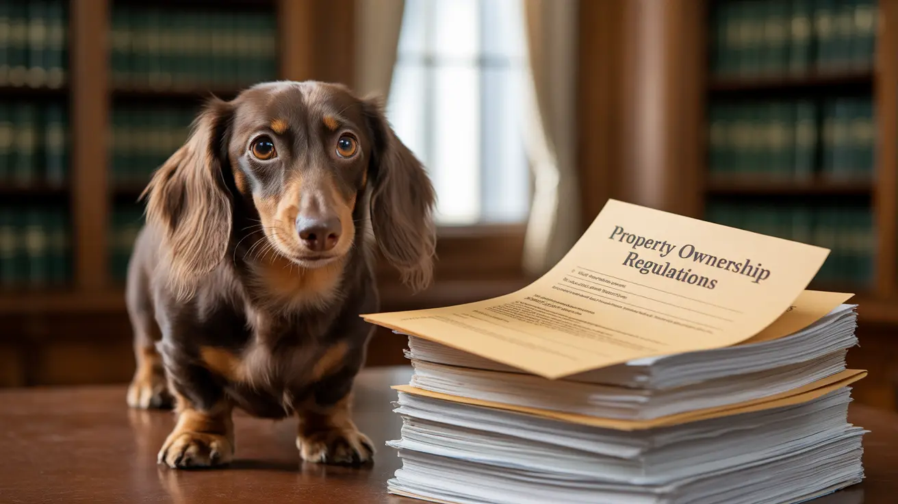 Long-haired dachshund next to property regulation documents in an office