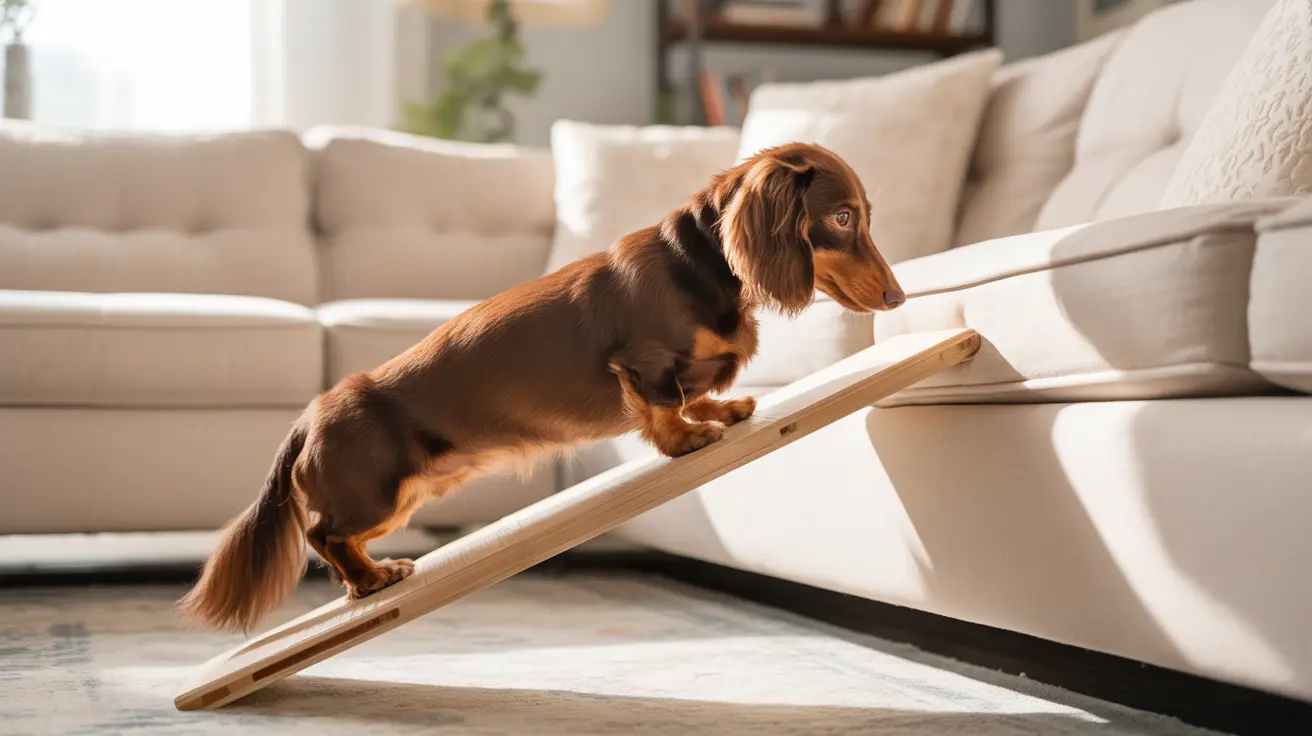 A long-haired dachshund climbing up a wooden dog ramp near a cozy living room couch
