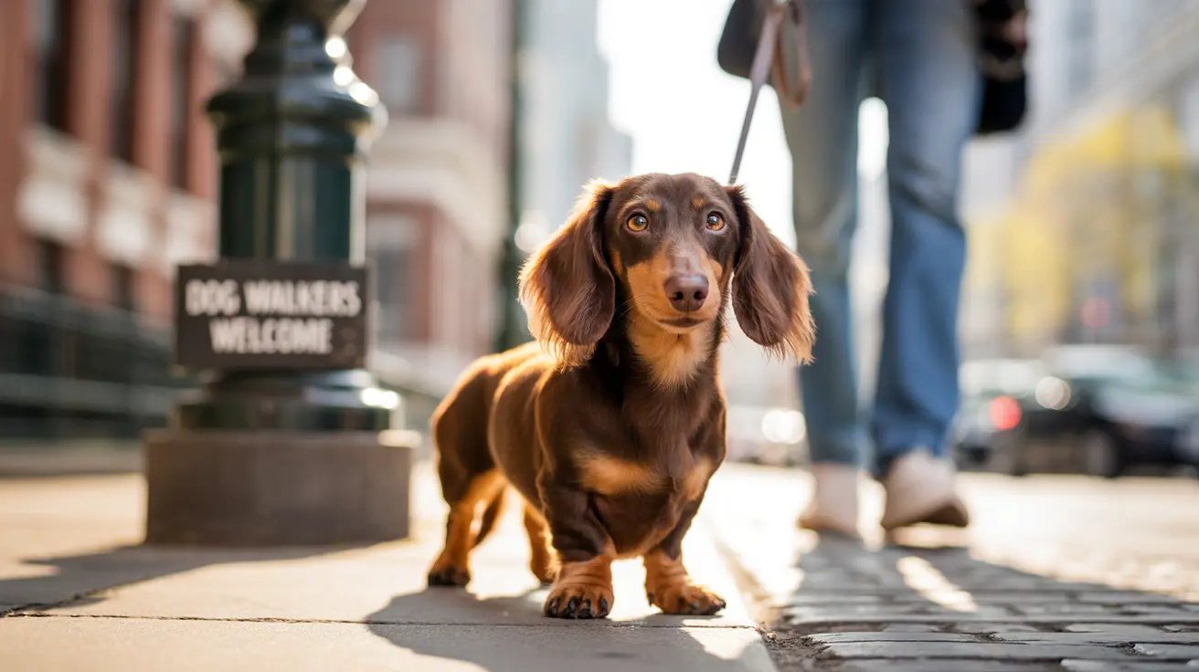 A long-haired dachshund standing on a city sidewalk with sunlight illuminating its fur