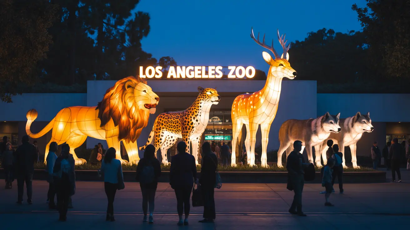 Illuminated animal lantern sculptures glowing at L.A. Zoo Lights holiday display