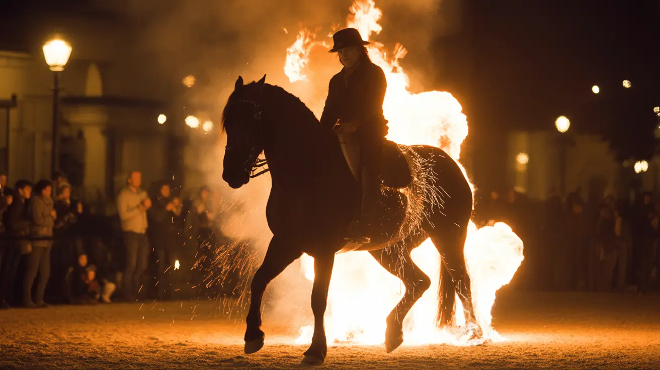 Una escena dramática nocturna que muestra a un jinete a caballo silueteado contra llamas brillantes y chispas en lo que parece ser un festival o espectáculo.