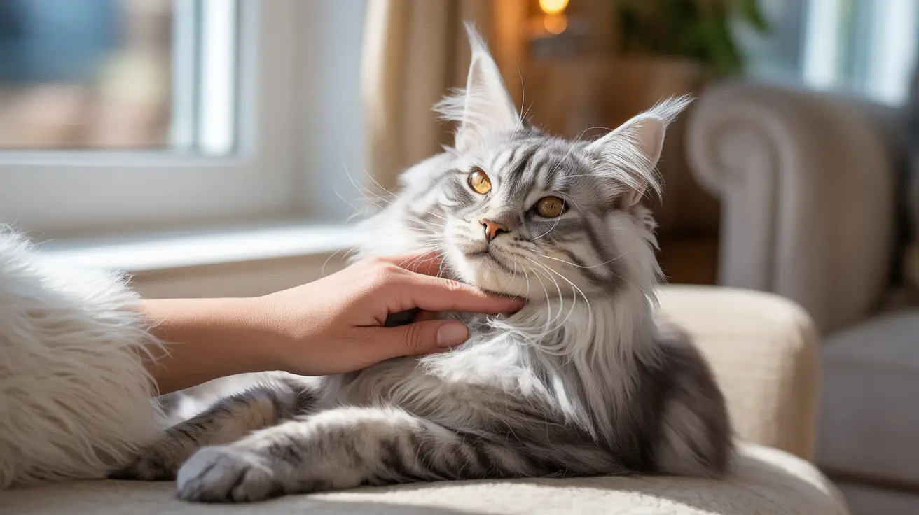 Um gato Maine Coon prateado e branco recebendo carinho gentil de uma mão
