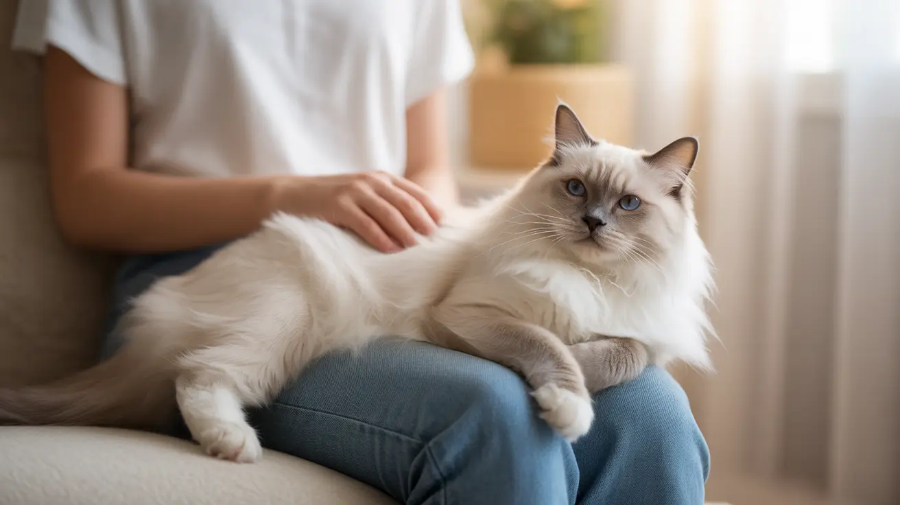 A luxurious white and cream Ragdoll cat resting comfortably on someone's lap at home.