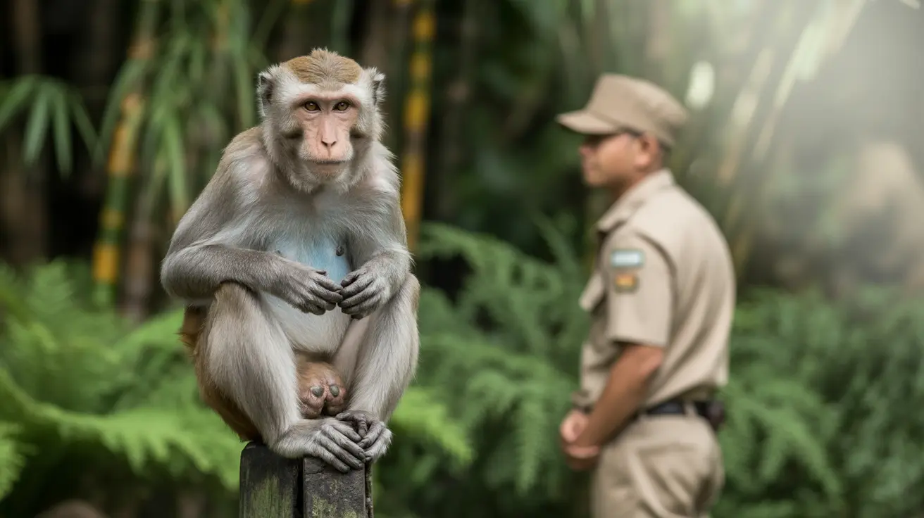 Visitor cautiously observing a macaque at Singapore Zoo