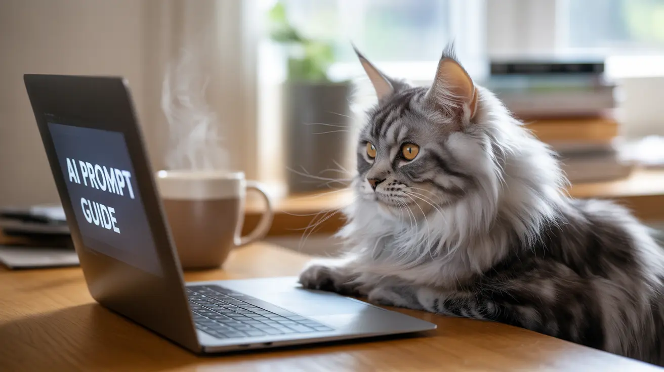 A fluffy Maine Coon cat sitting next to a laptop showing 'AI Prompt Guide'