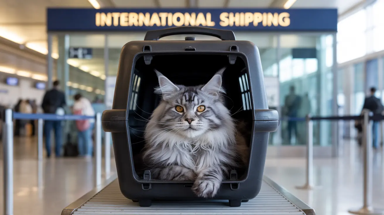 Large fluffy Maine Coon cat sitting inside a pet carrier at an airport international shipping area