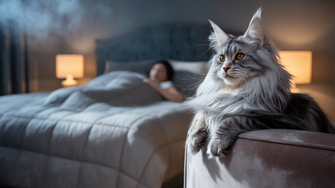 Un majestuoso gato Maine Coon sentado alerta en un sofá en un dormitorio suavemente iluminado, con una figura desenfocada descansando en el fondo