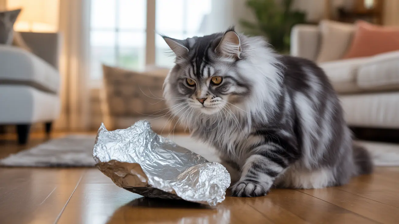Fluffy Maine Coon cat sitting next to a crumpled piece of aluminum foil on a wooden floor