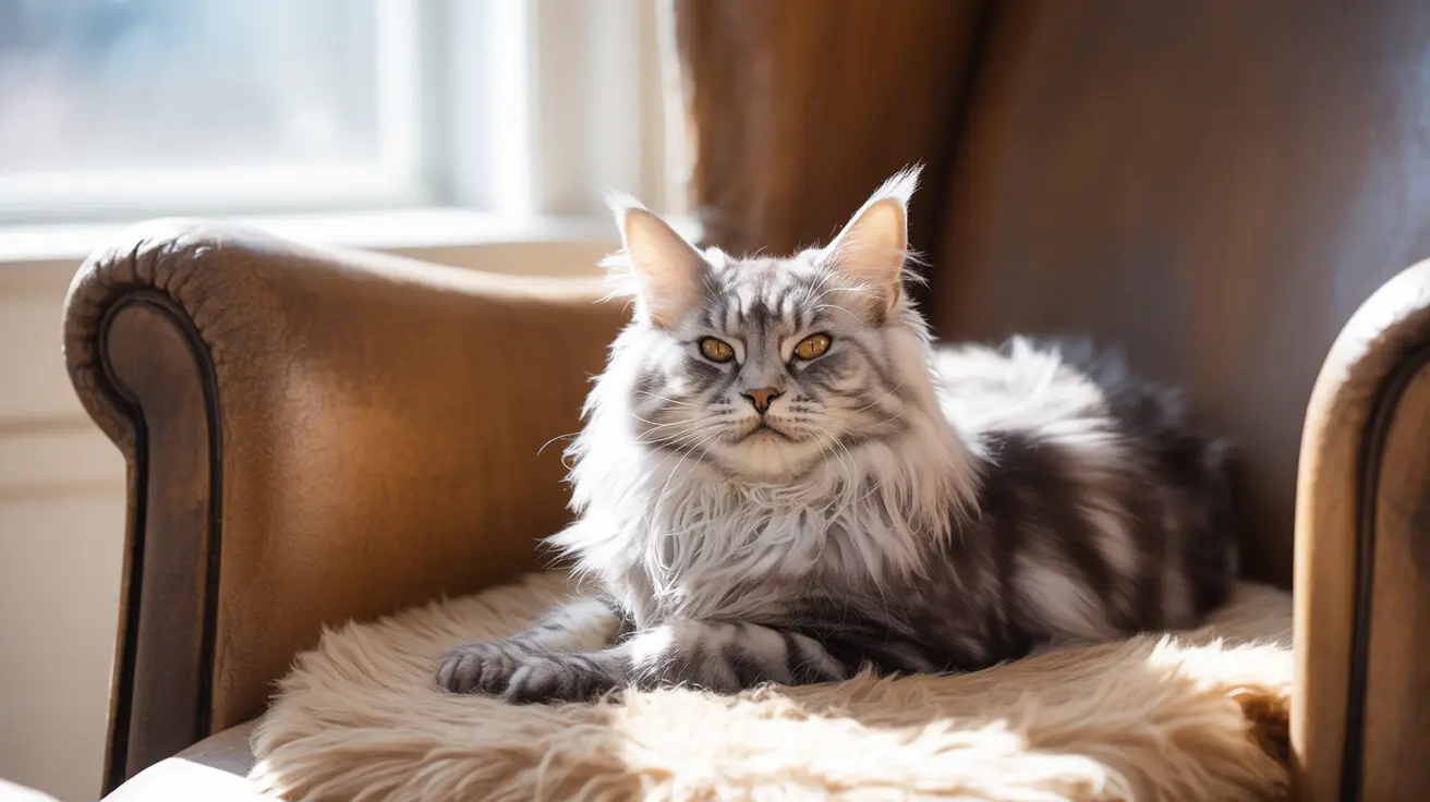 Maine Coon cat with long fluffy fur and amber eyes resting on beige armchair in sunlit living room