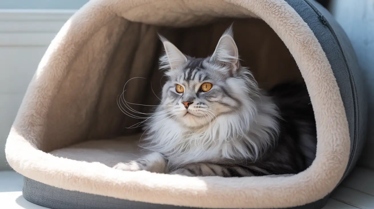 Maine Coon cat with amber eyes resting inside a cozy modern pet bed