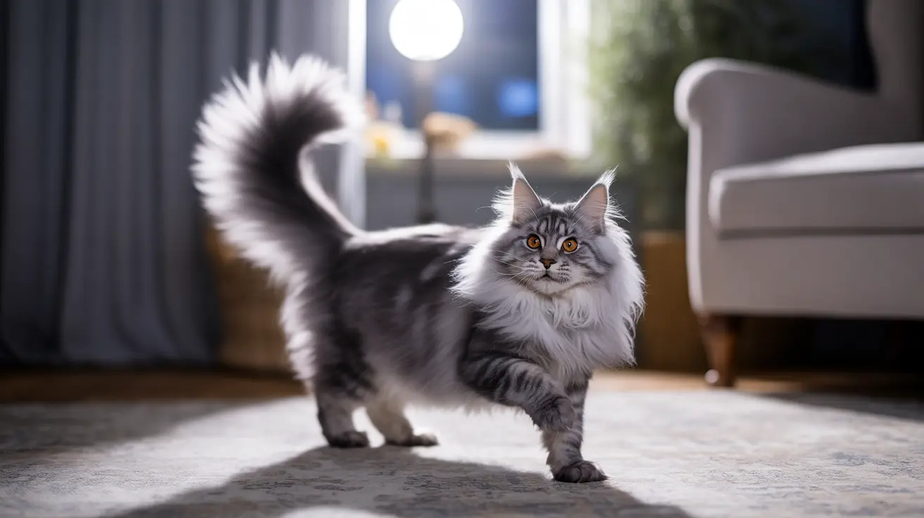 Fluffy Maine Coon cat with amber eyes standing on a rug in a modern living room