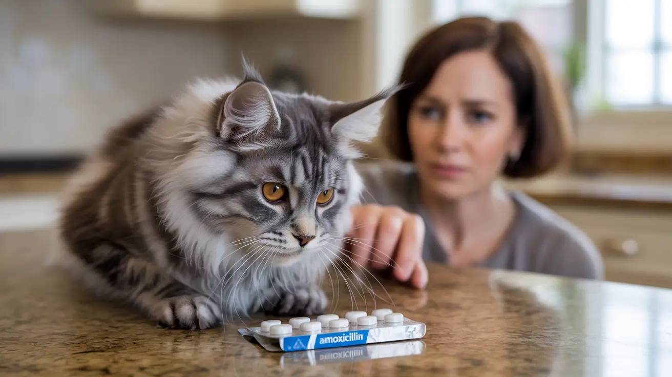 Gray and white Maine Coon cat sitting near a packet of amoxicillin with a concerned person in the background