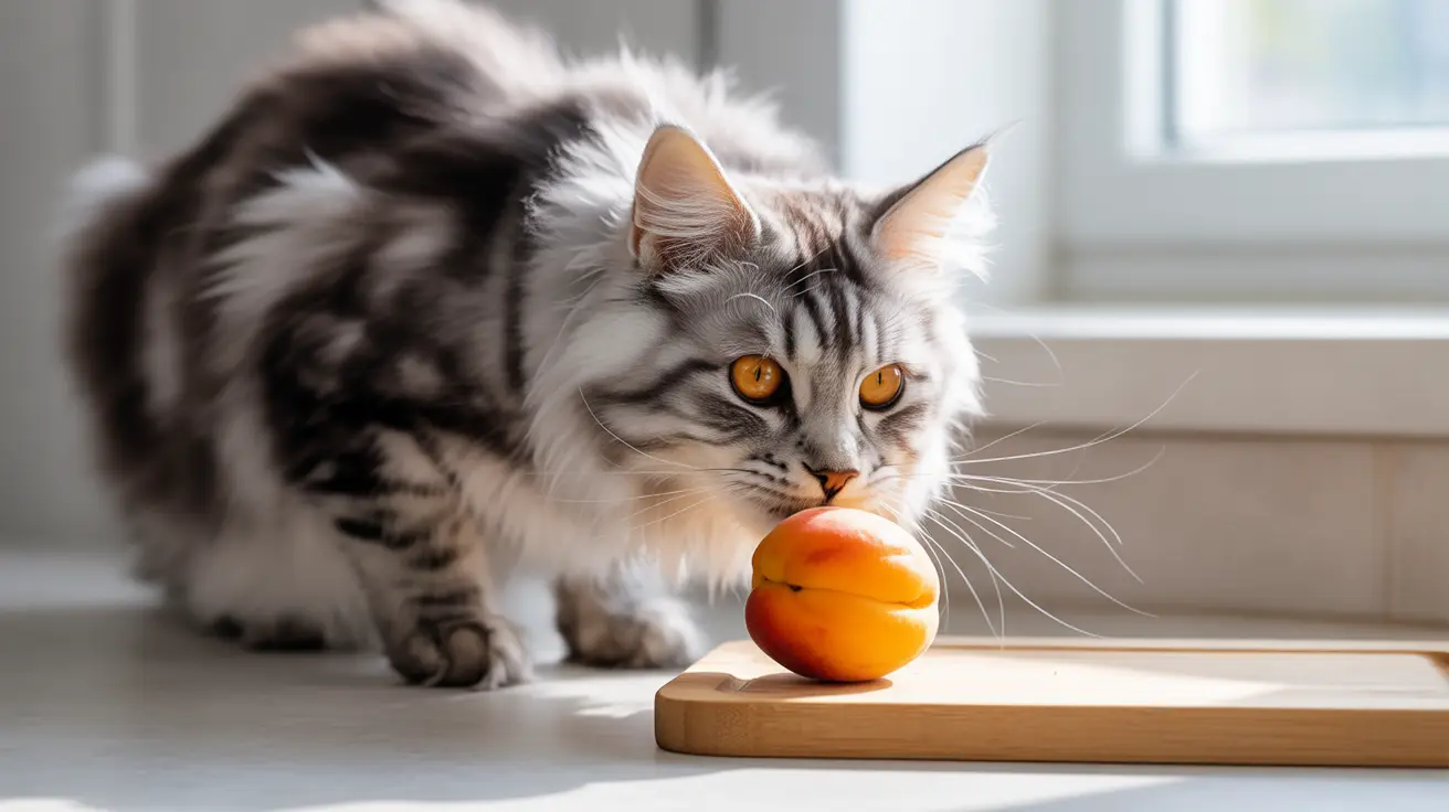 A fluffy Maine Coon cat curiously examining a ripe apricot on a wooden cutting board near a bright window