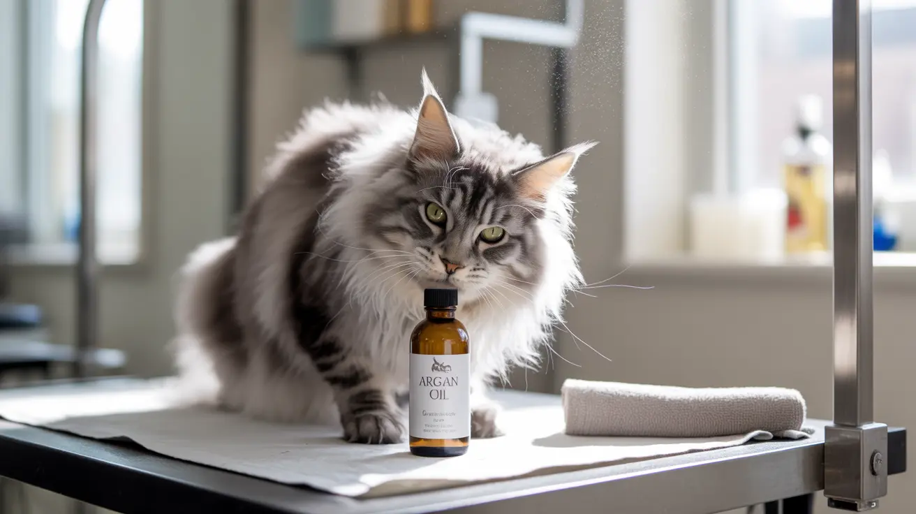 Fluffy Maine Coon cat sitting next to a bottle of argan oil on a veterinary examination table