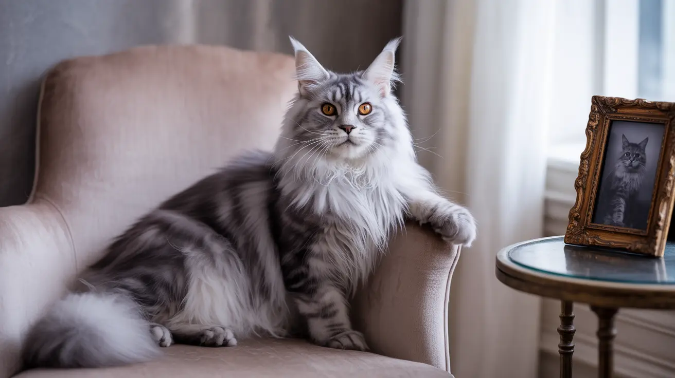 A majestic Maine Coon cat sitting regally on a plush armchair with a black and white photograph of itself in the background
