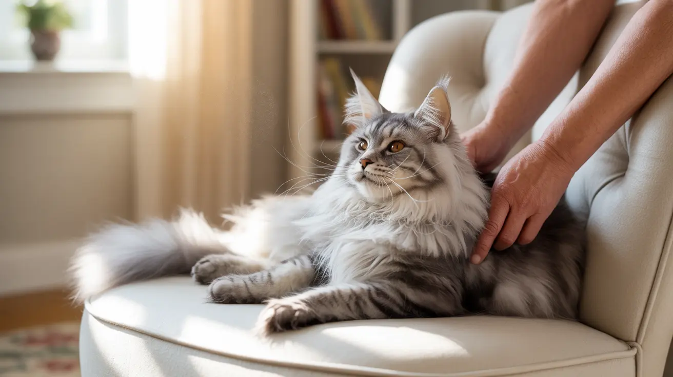 Fluffy gray and white Maine Coon cat lounging comfortably on a cream-colored armchair with soft sunlight filtering through a nearby window