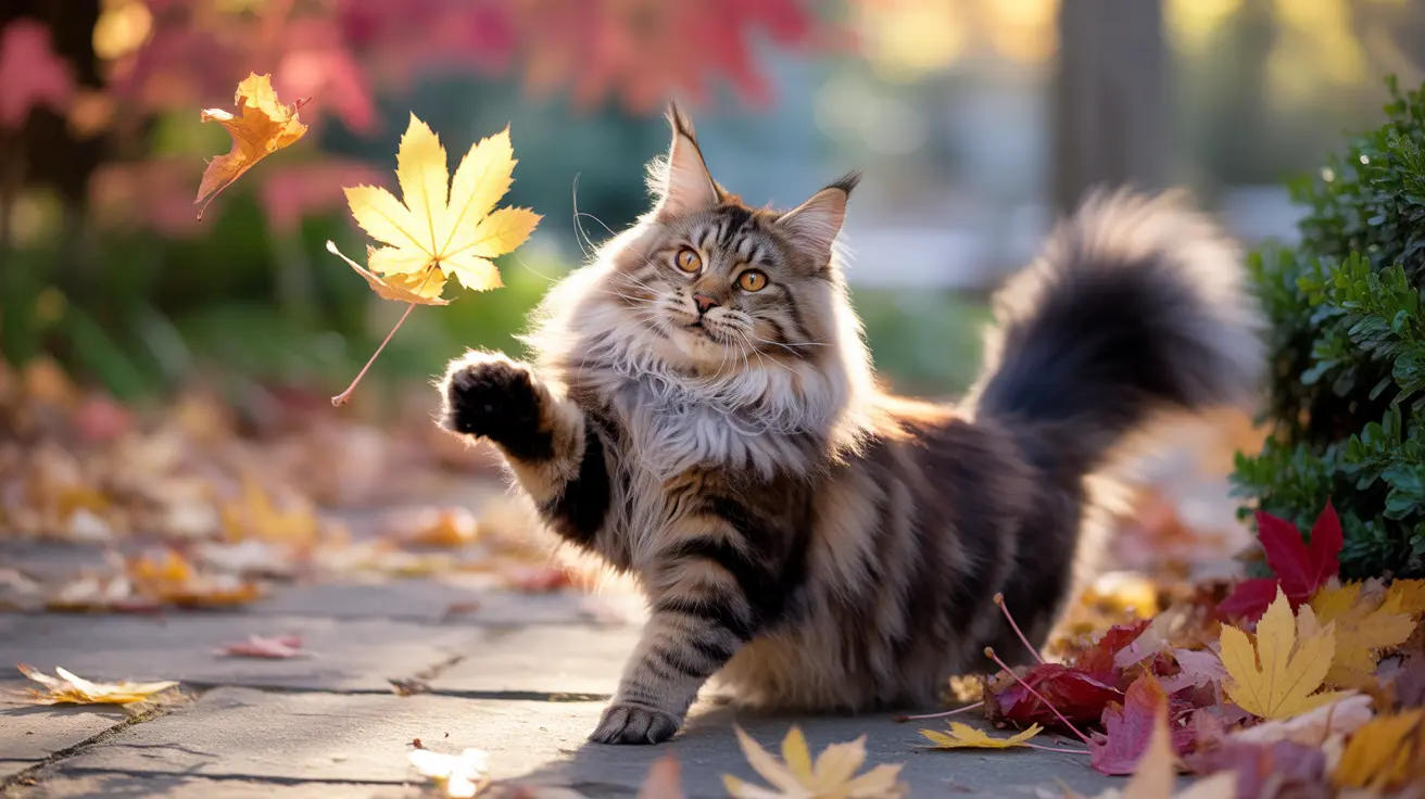 Un gato Maine Coon esponjoso jugando con hojas de otoño bajo la luz dorada del sol.