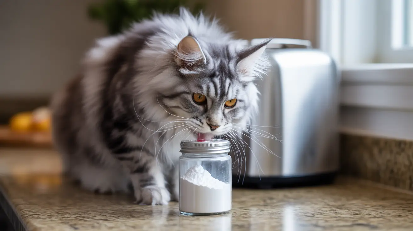 ふわふわした灰色と白のメインクーンの猫が、キッチンのカウンタートップの上の白い粉の入ったガラス瓶を好奇心旺盛に調べている。