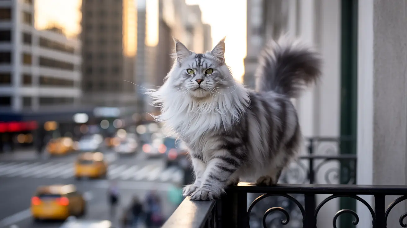 Majestic Maine Coon cat sitting on a balcony railing overlooking city streets and buildings