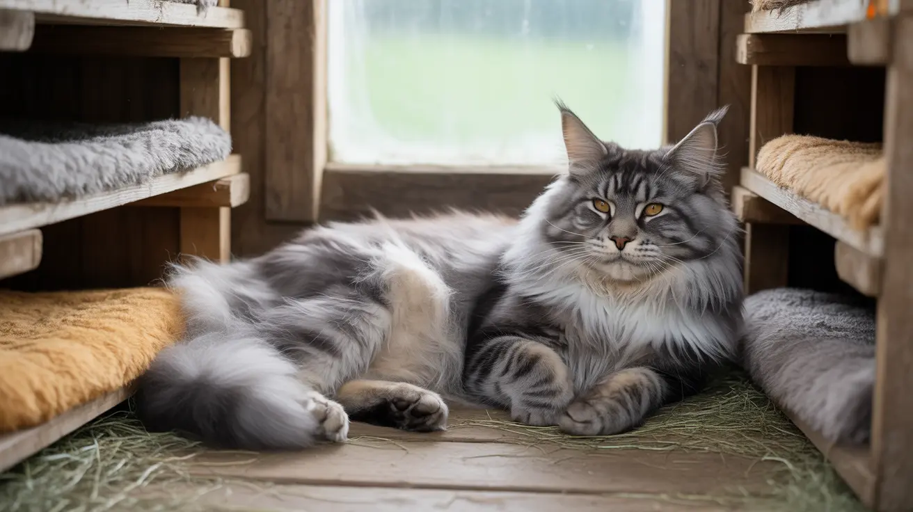 A majestic Maine Coon cat resting comfortably inside a wooden sheltered area with hay bedding