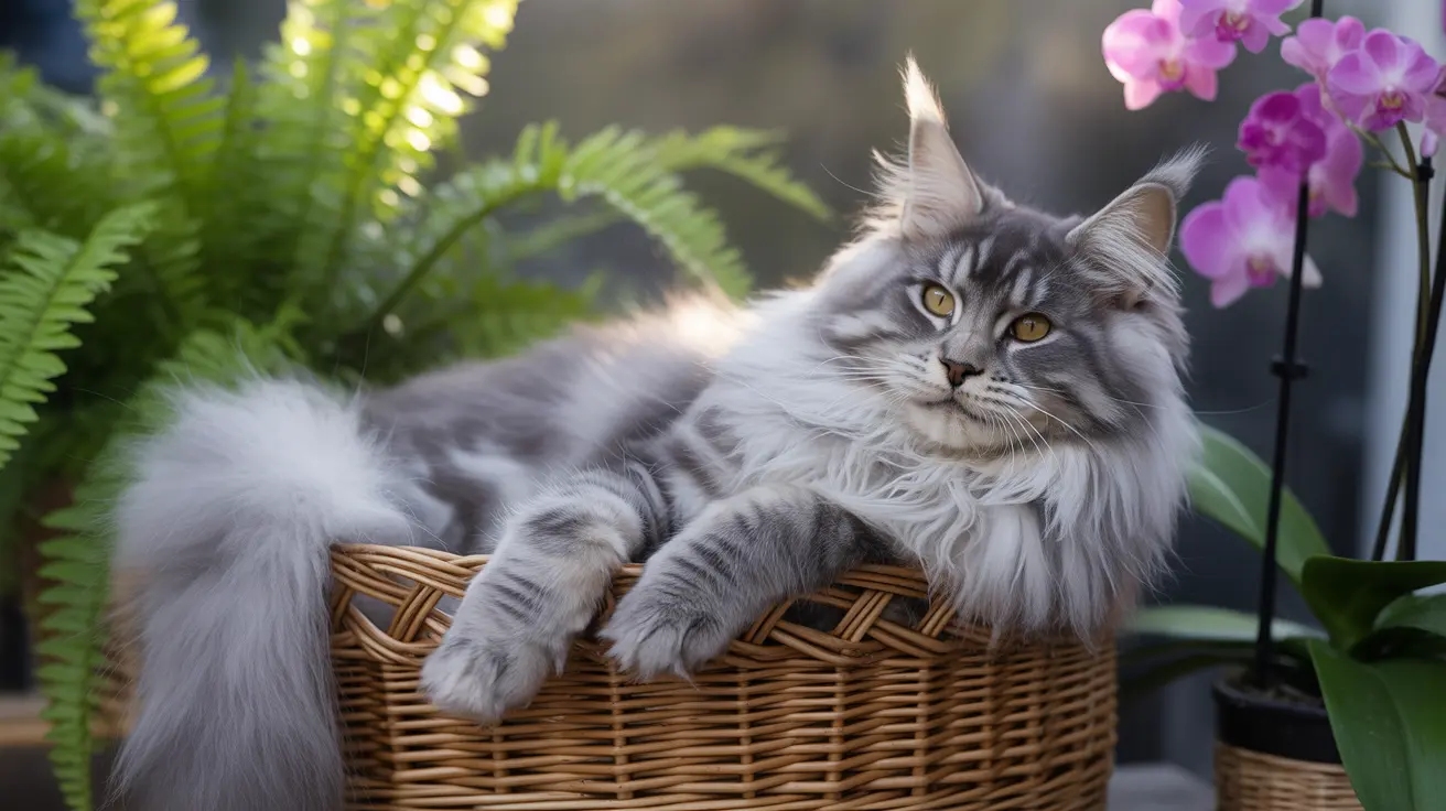 Fluffy silver tabby Maine Coon cat resting in a woven basket surrounded by plants and purple orchids