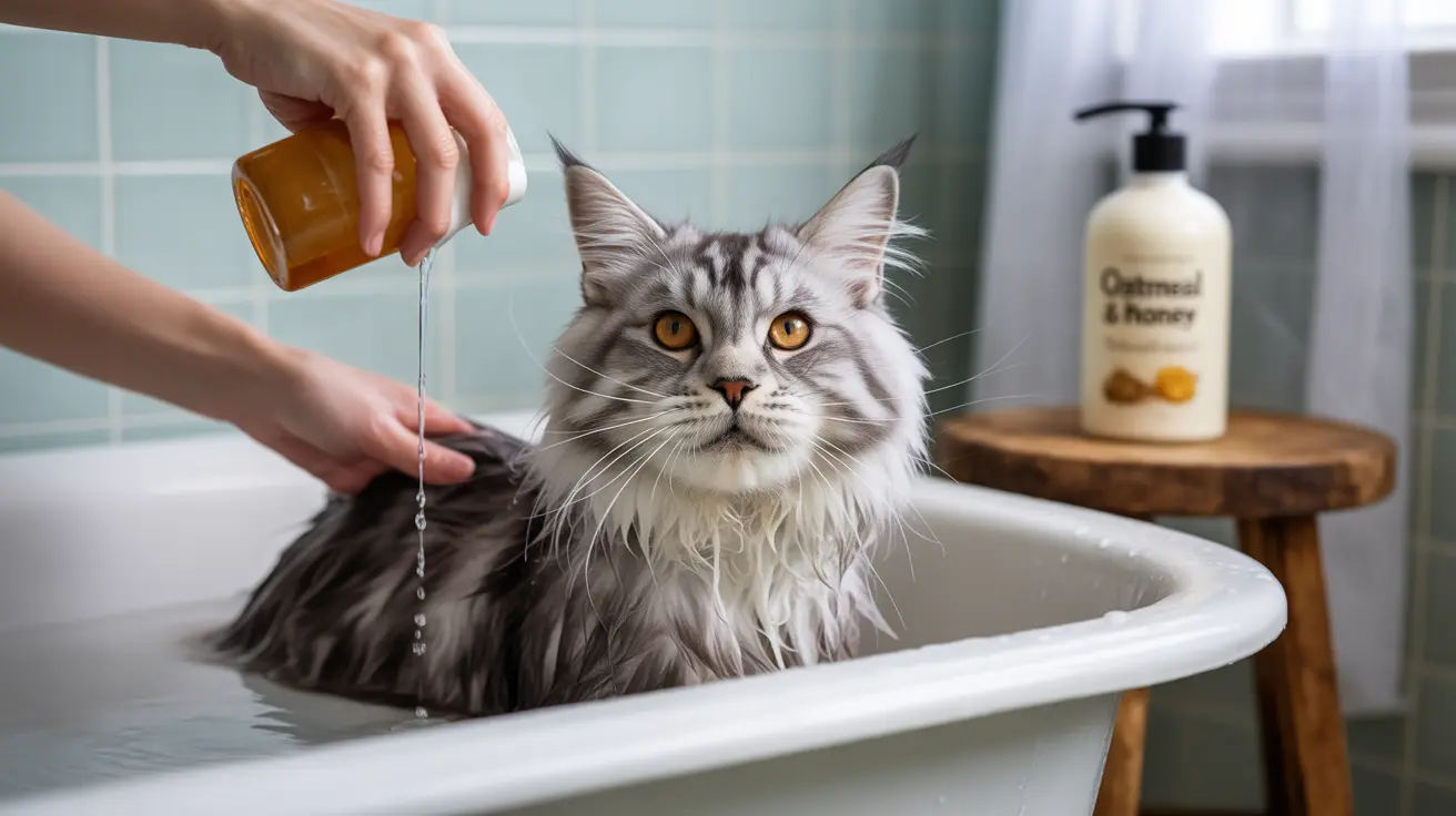 A fluffy silver tabby Maine Coon cat getting a bath in a white bathtub with water being poured on its fur.