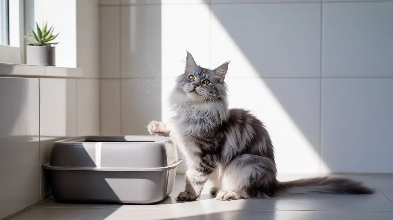 A fluffy gray and white Maine Coon cat sitting beside a litter box in a bright minimalist bathroom