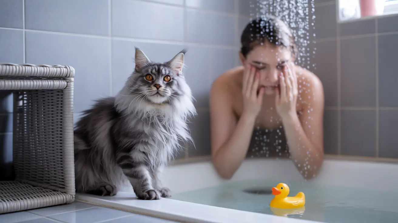 Un gato Maine Coon esponjoso sentado al borde de una bañera junto a un pato de goma, con una persona duchándose en el fondo.