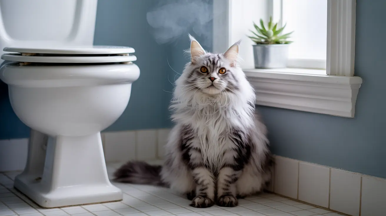 ふわふわの白とグレーのメインクーン猫が、トイレの横で堂々とバスルームの床に座っている様子