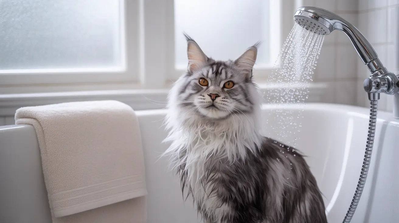 A majestic Maine Coon cat sitting in a bathtub with a shower head running nearby