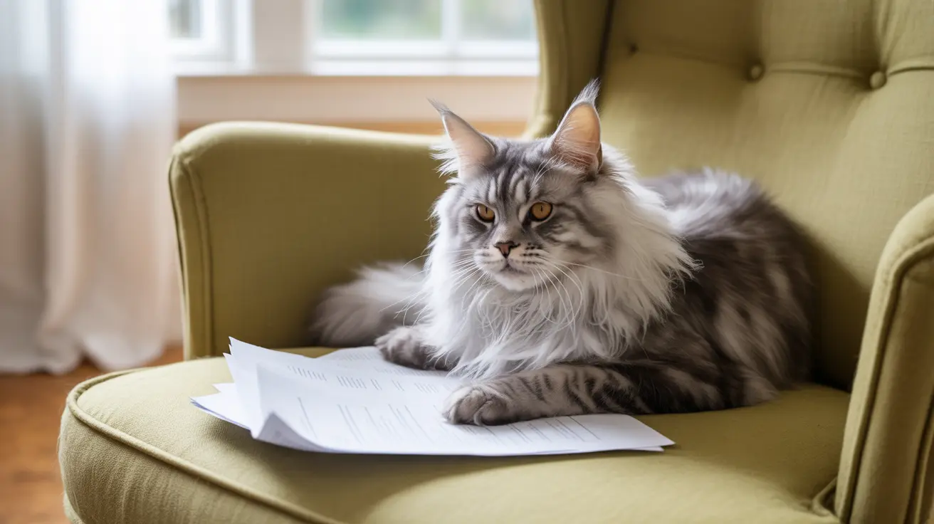 Maine Coon cat sitting on beige armchair with white papers in a bright living room