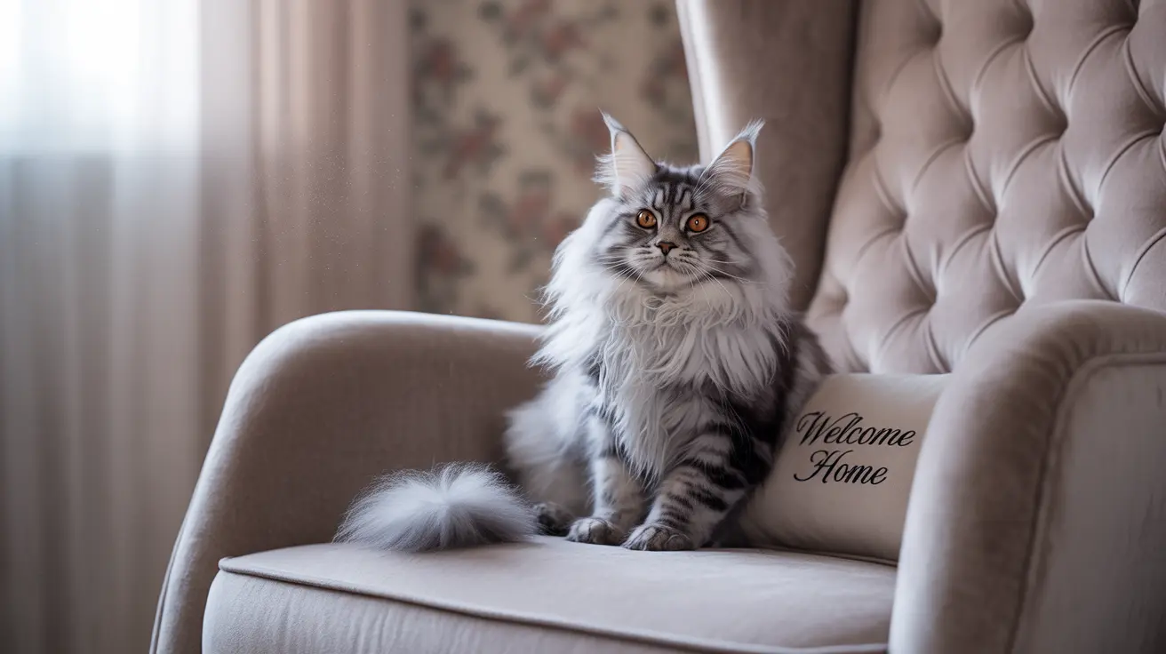 Majestic Maine Coon cat sitting regally on a beige armchair with a Welcome Home pillow
