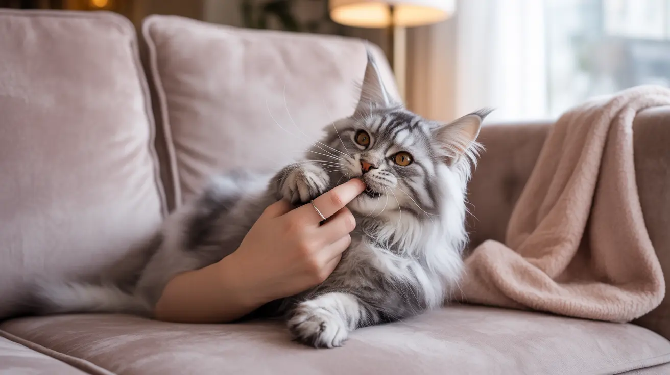 A fluffy gray and white Maine Coon cat being petted on the chin while on a couch