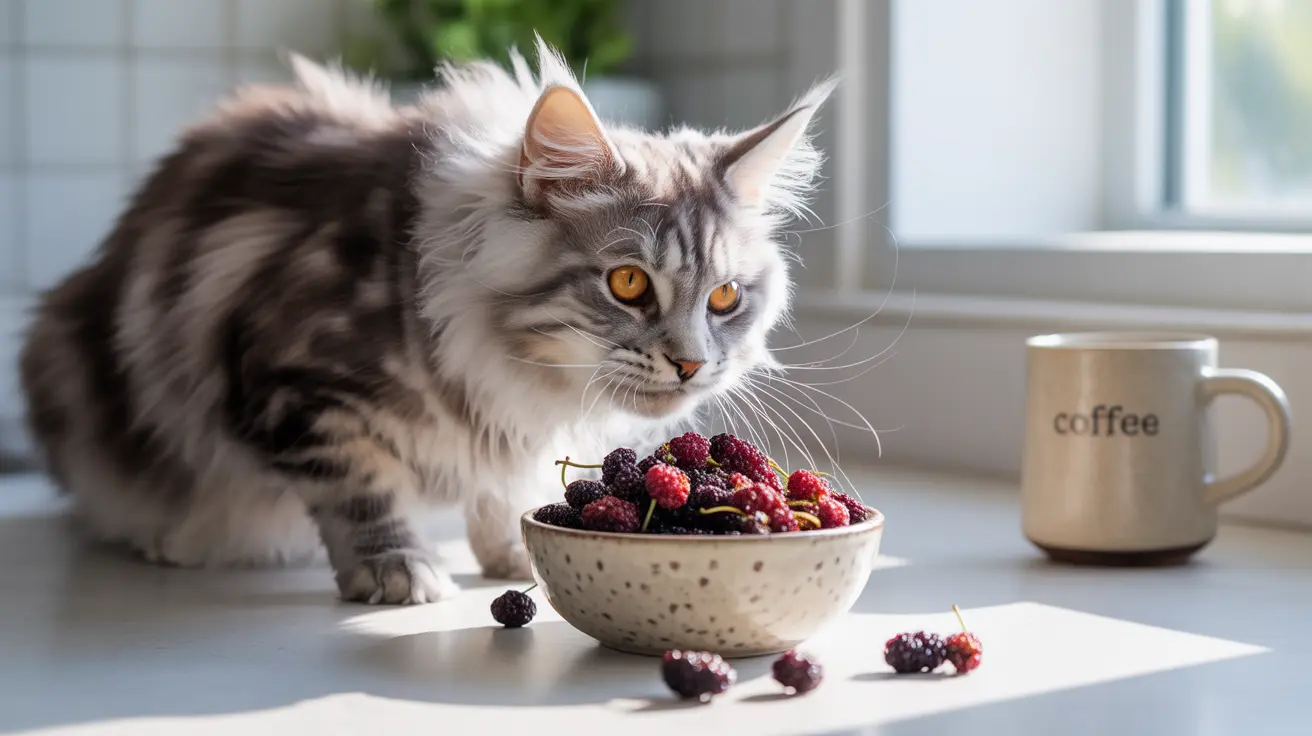 Bir kase dolusu olgun dutun yanında oturan tüylü Maine Coon kedisi, arka planda kahve fincanı