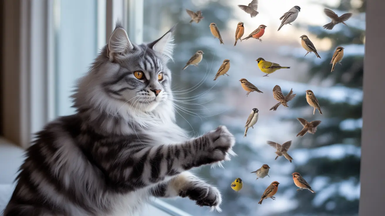 ふわふわのメインクーンの猫が窓辺に座り、小さくてカラフルな鳥の群れに手を伸ばしている様子