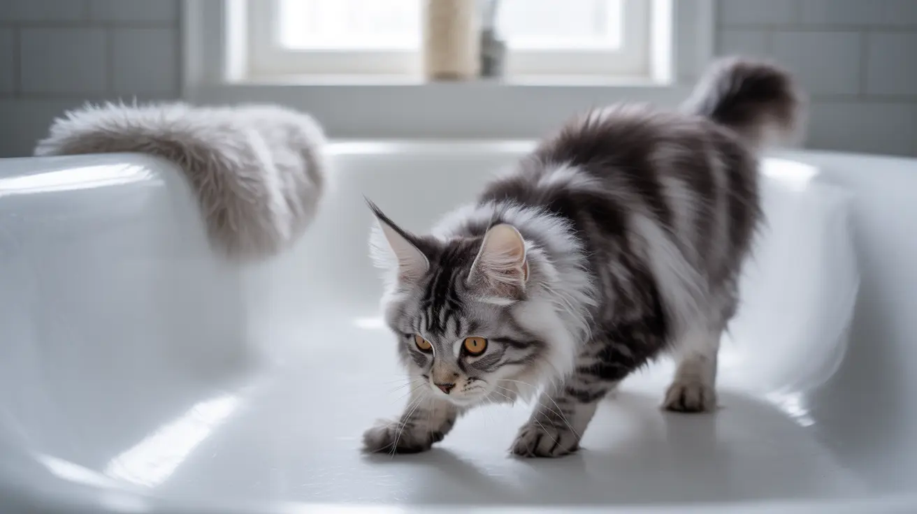 A fluffy Maine Coon cat with black and white fur walking carefully on a white surface near a window