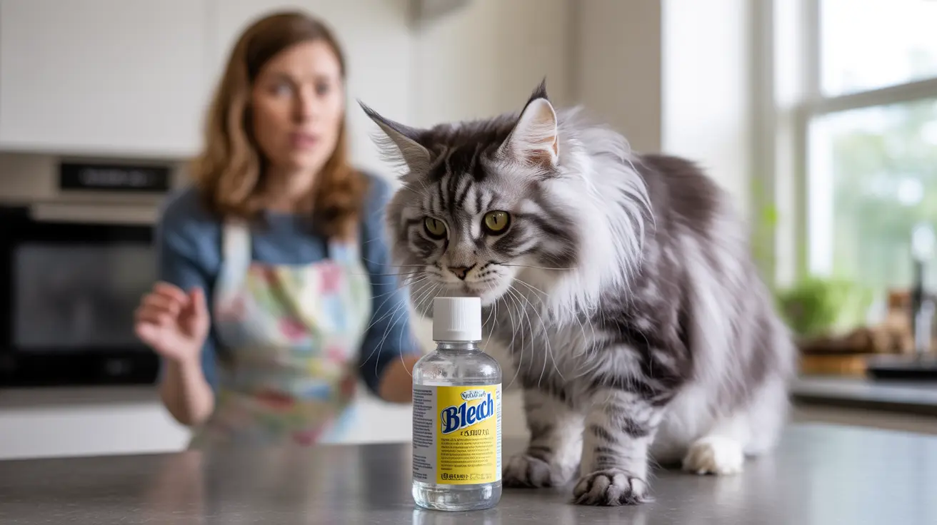 A large fluffy Maine Coon cat sitting next to a bottle of bleach in a kitchen with a person in the background