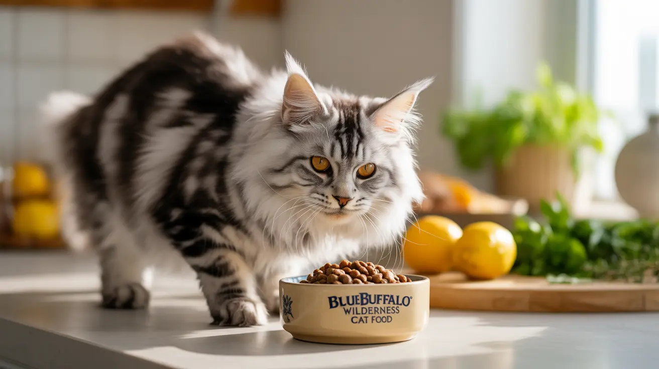 A majestic Maine Coon cat standing next to a Blue Buffalo Wilderness cat food bowl in a bright kitchen setting