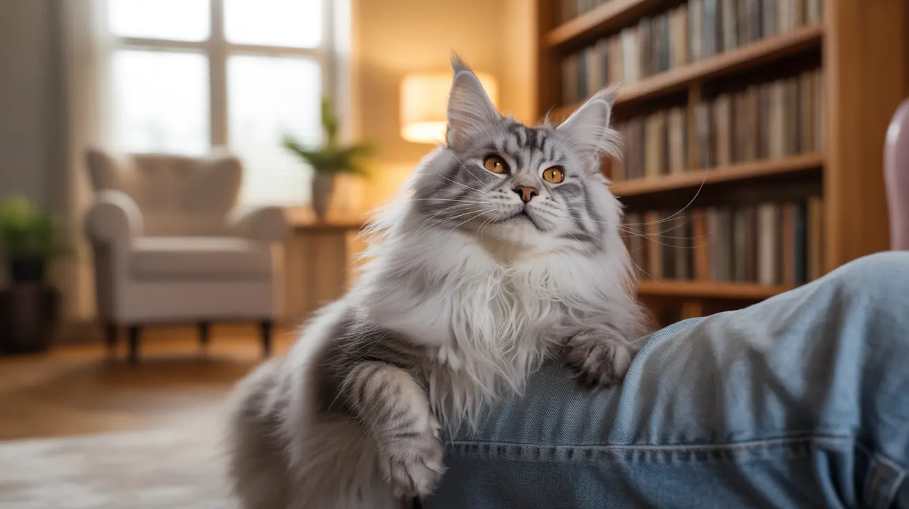 Un majestuoso gato Maine Coon sentado con dignidad sobre una superficie de mezclilla azul con un acogedor interior de hogar de fondo