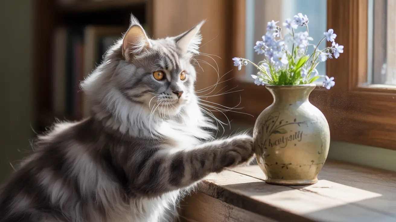 A fluffy silver and white Maine Coon cat sitting near a vase of blue flowers by a window