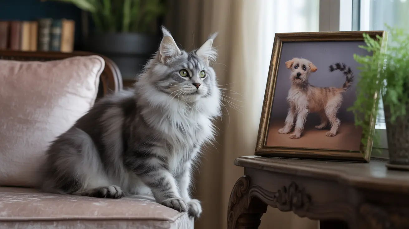 Majestic Maine Coon cat sitting on a blush pink couch next to a framed photo of a small dog