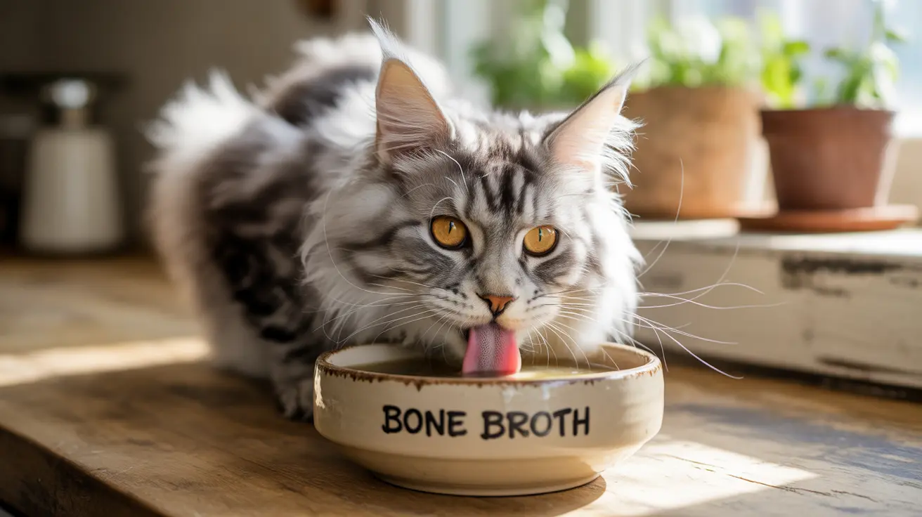 A Maine Coon cat licking its tongue while drinking bone broth from a ceramic bowl